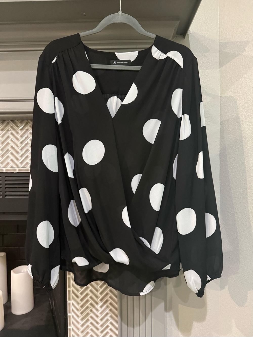 INC International Concepts Black Blouse with White Polka Dots